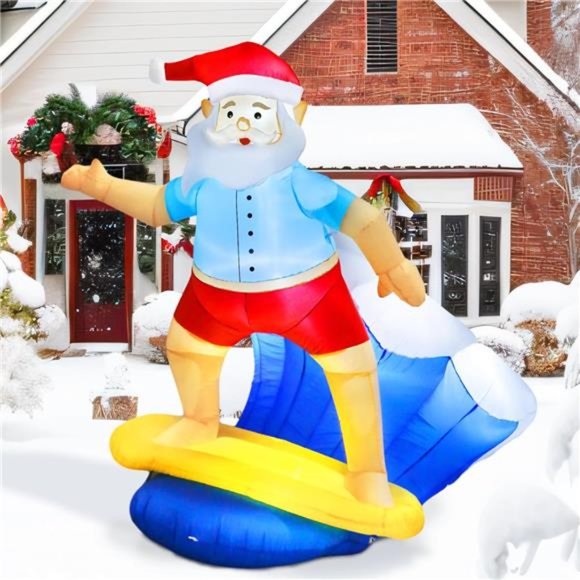 6FT Christmas Inflatables Surfing Santa Claus Inflatable with LED Lights Blow Up - Picture 2 of 6
